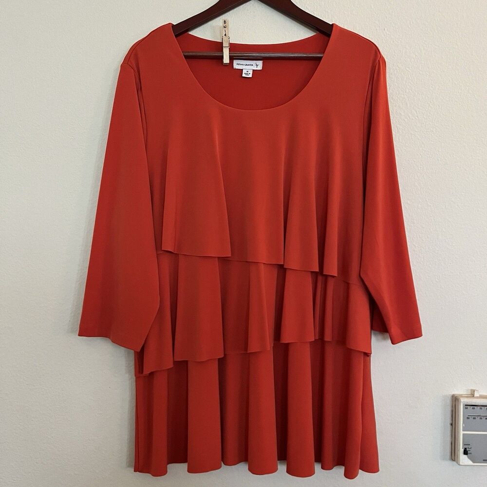 Susan Graver Liquid Knit Orange 3/4 Sleeve Tiered Ruffle Blouse Top SZ 1X